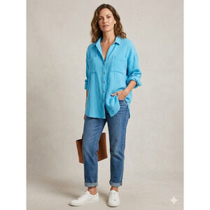 MAGASCHONI Gauze Organic Cotton Button-Up Shirt roll tab pockets Blue Size M